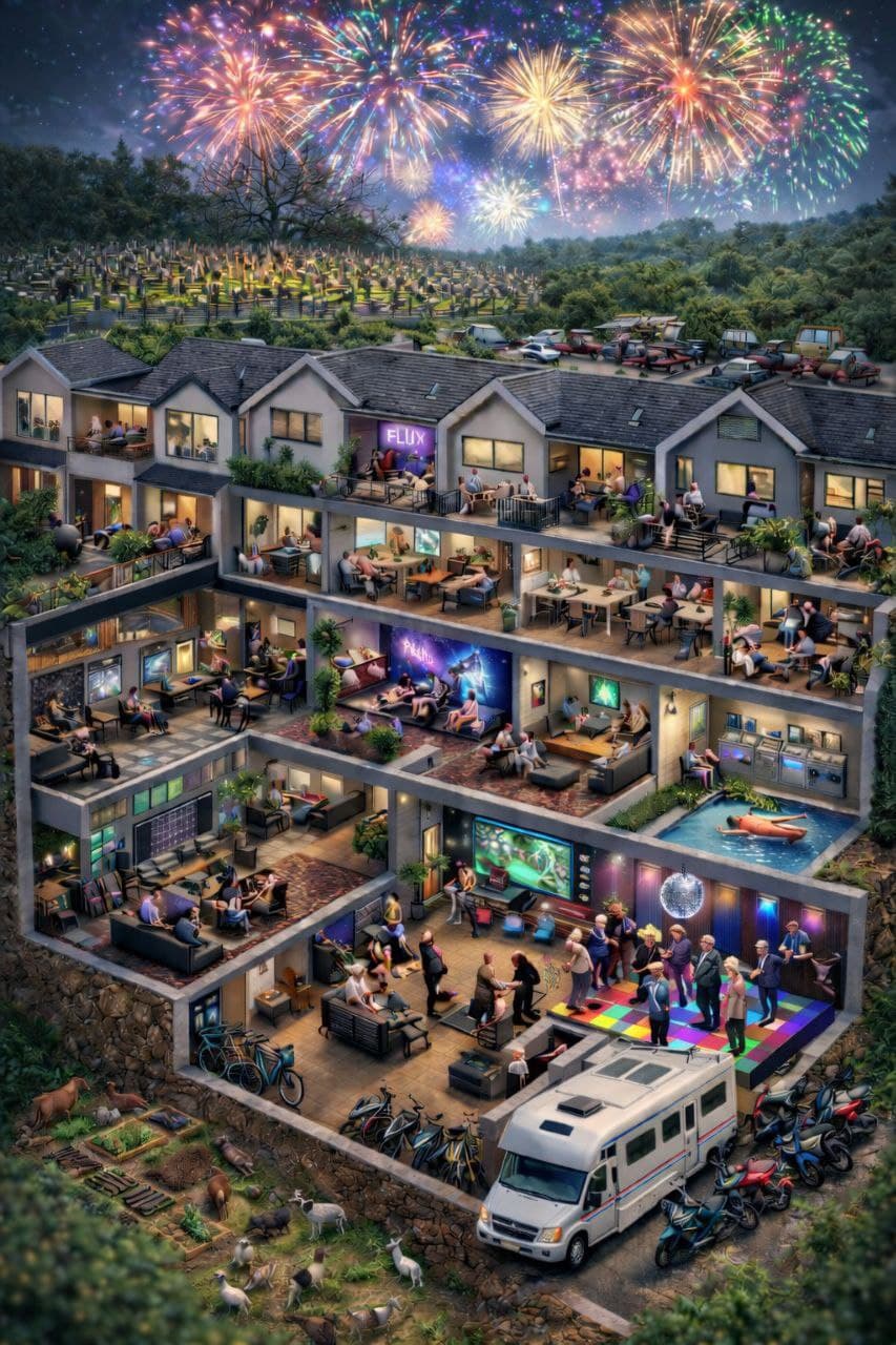 Визуальный референс PerdoLand: дома, люди, лес и вечерний праздник